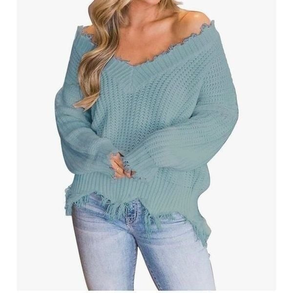 Off The Shoulder V Neck Long Sleeve Ripped Sweater