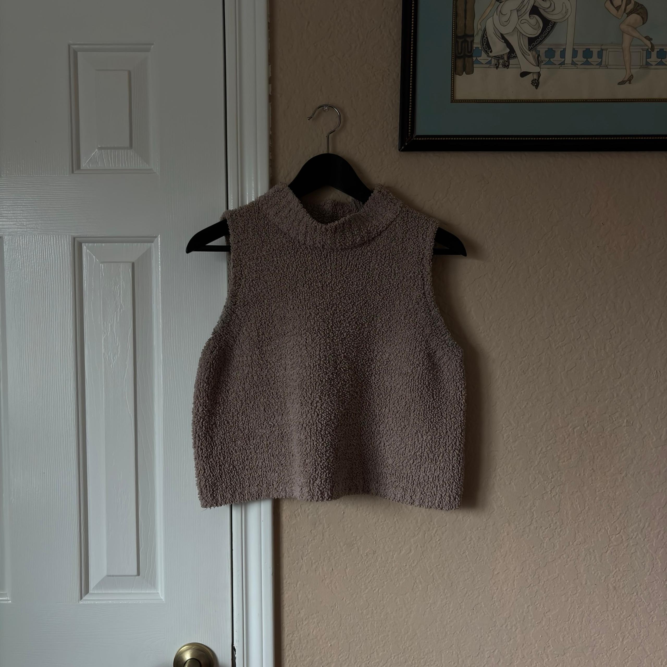 Tan Colored Fuzzy Boucle Sleeveless Turtleneck Top