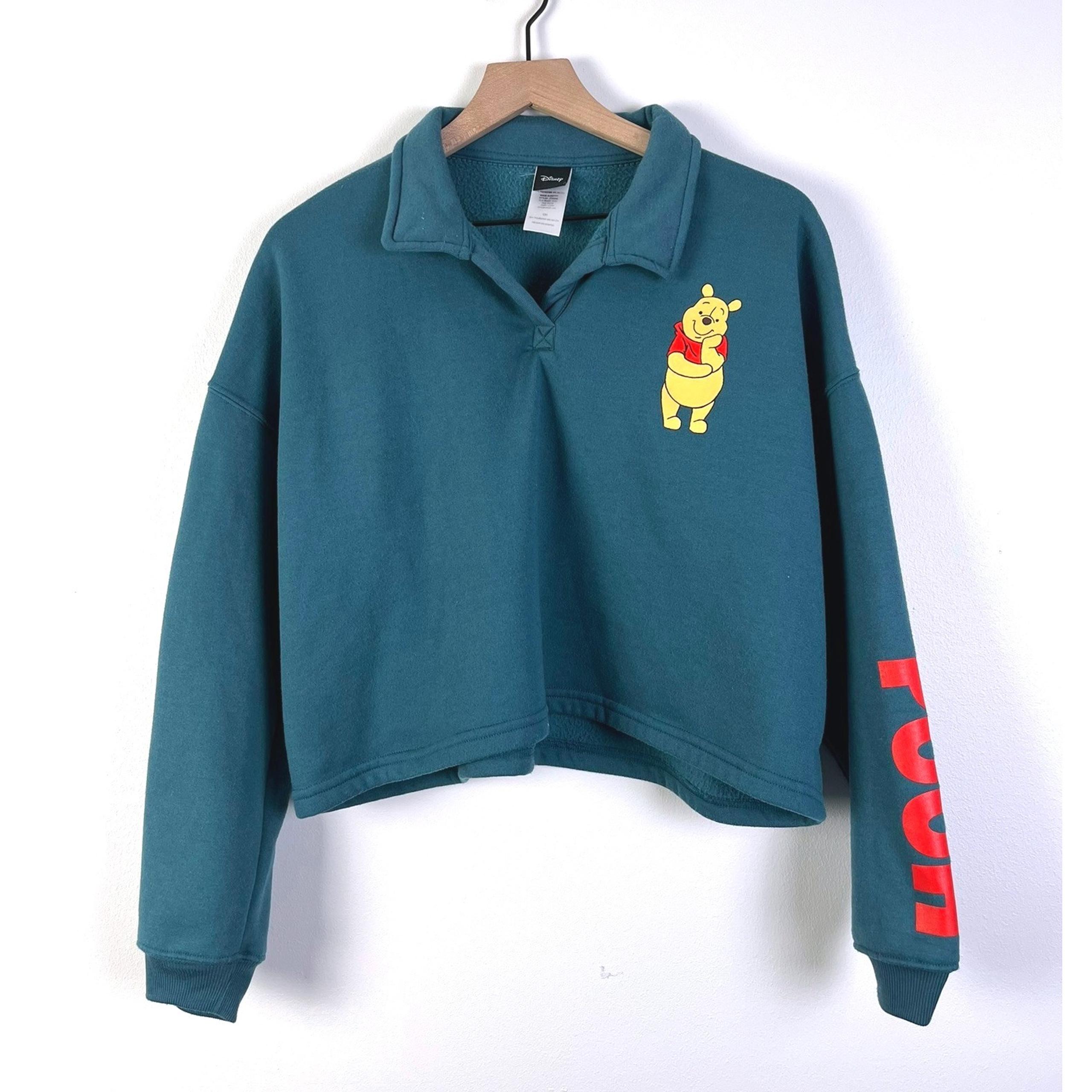 Disney Winnie The Pooh Cropped Pullover Sweatshirt Graphic Teal Green Small