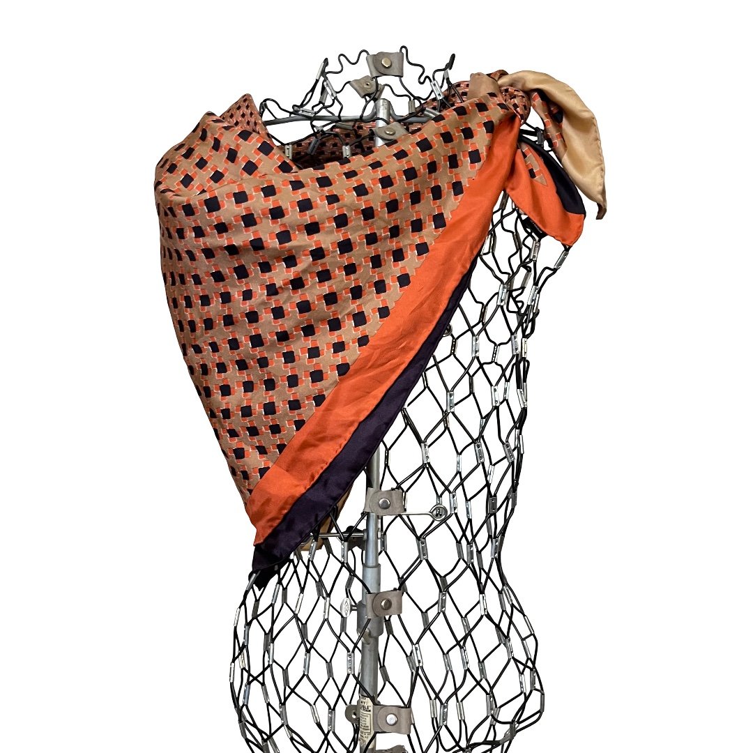 LAFAYETTE 148 100% Italian Silk Zaza Square Scarf in Orange Navy Tan
