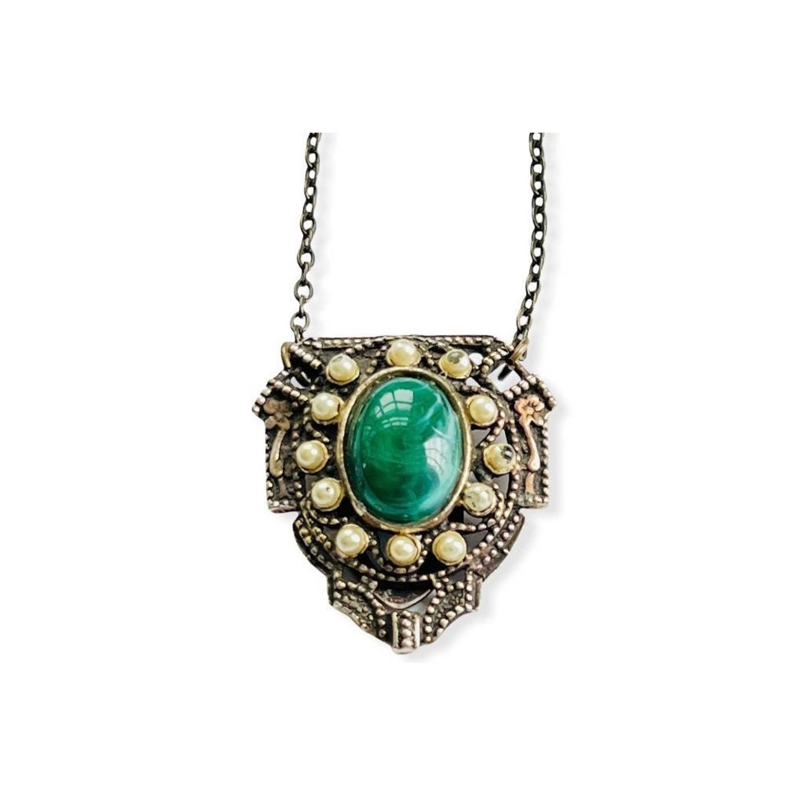 Vintage Shoe Buckle with Green and White Accents / Pendant Necklace (000840)