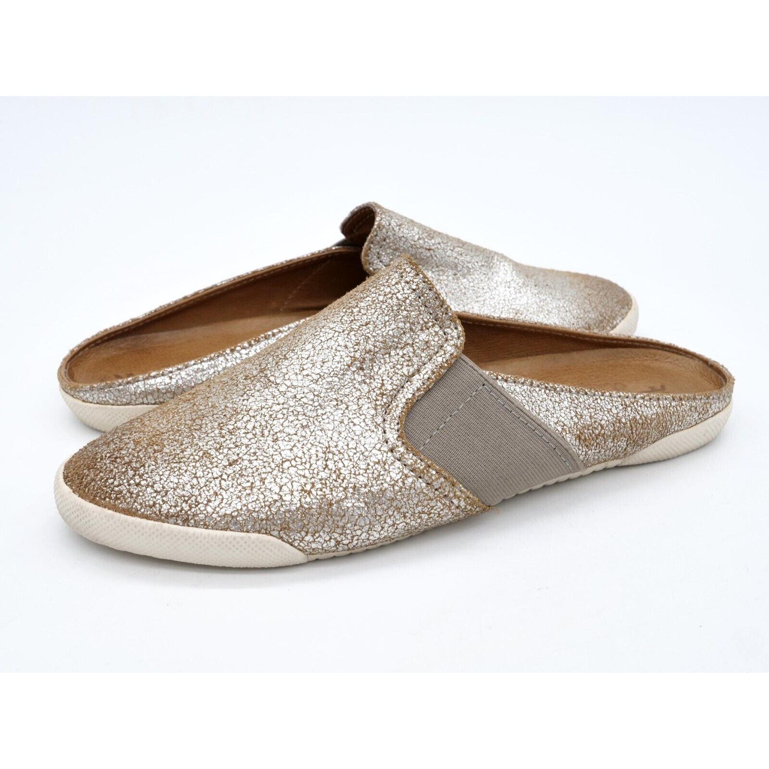 Frye Shoes Womens 7.5 Silver Crackled Leather Slip On Mule Flat Round Toe