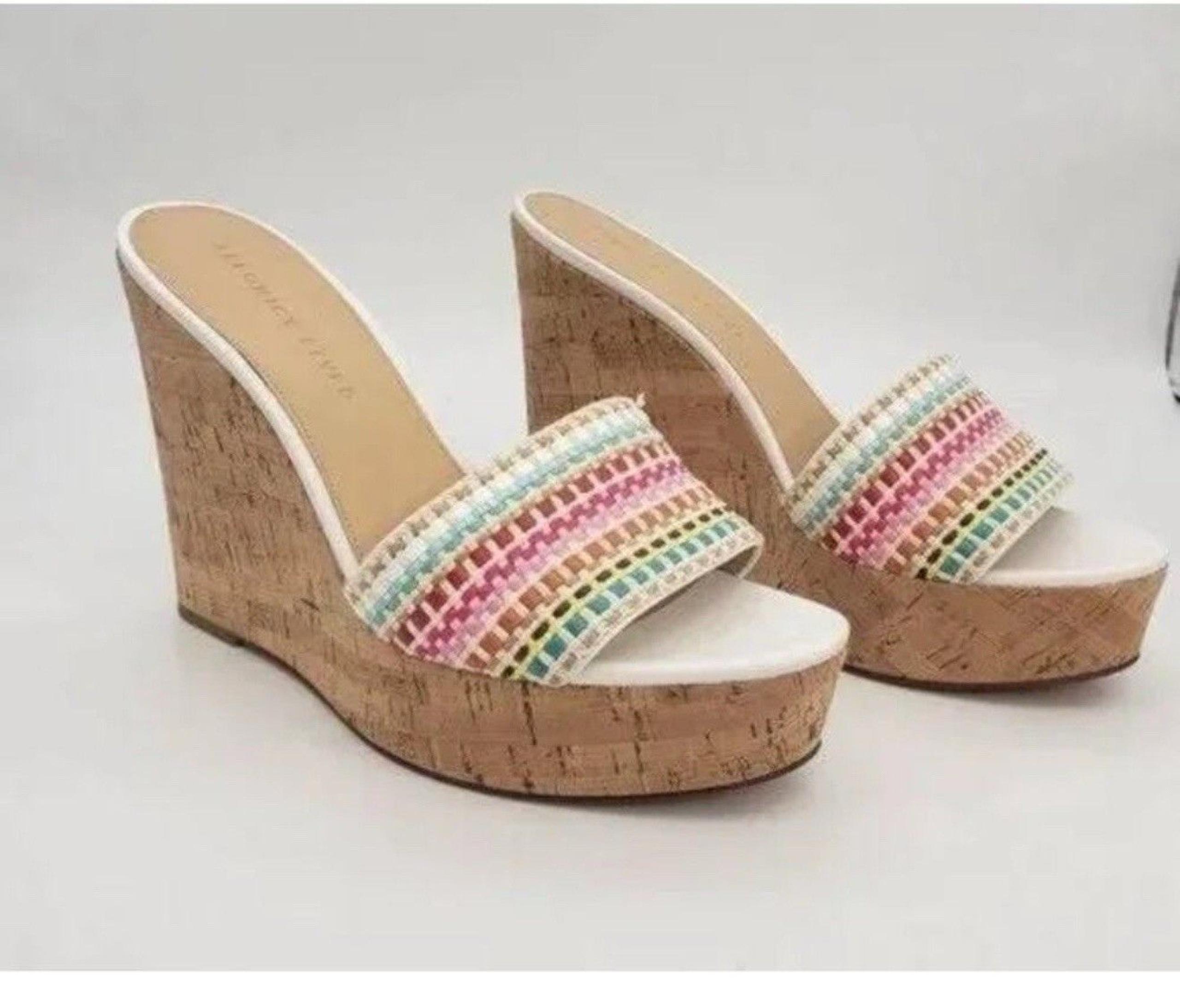 Veronica Beard Dali Raffia Wedge Sandals In Snow Multi Sz 11