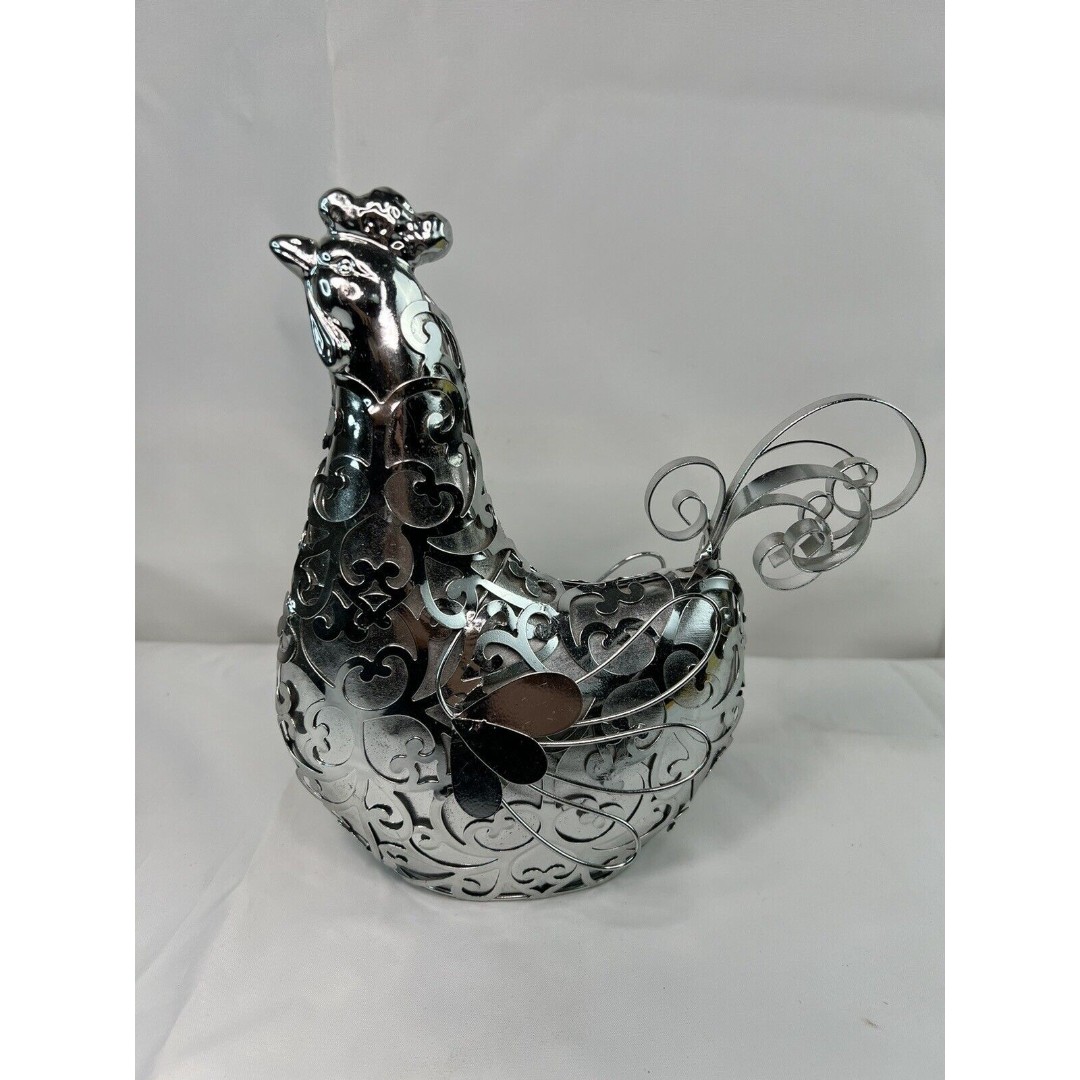 Silvertone Porcelain Rooster Carved Metal Covering Home Decor Sculpture Art