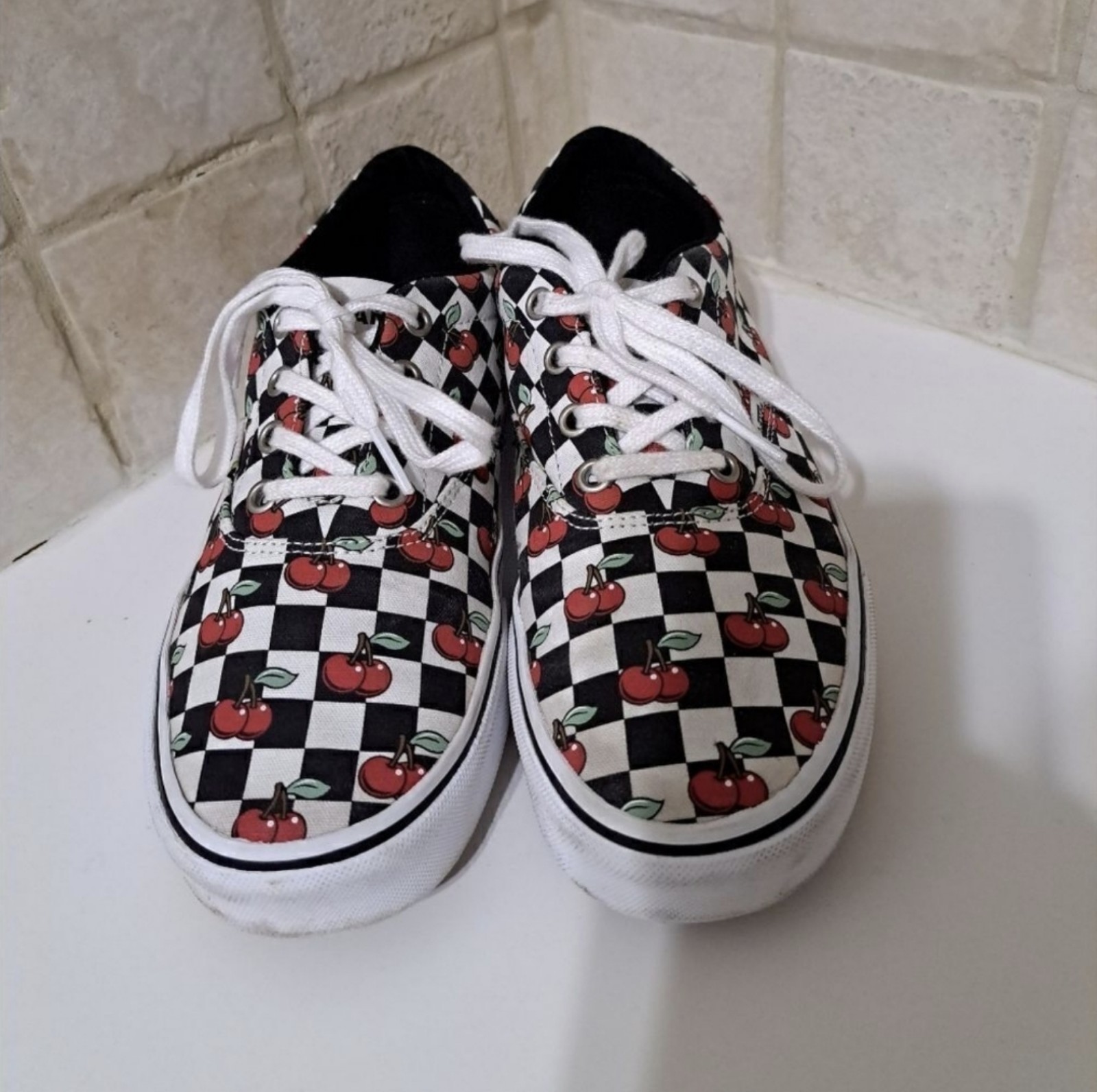 Vans Cherry Print Black White Checker Shoes Size 8.5