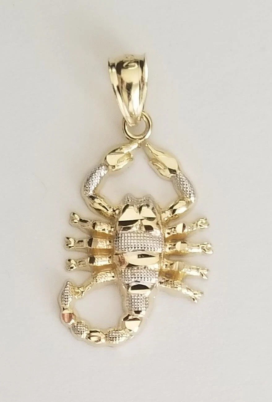 14K Real Solid 2 Tone Gold Scorpion Diamond Cut Pendant-escorpión
