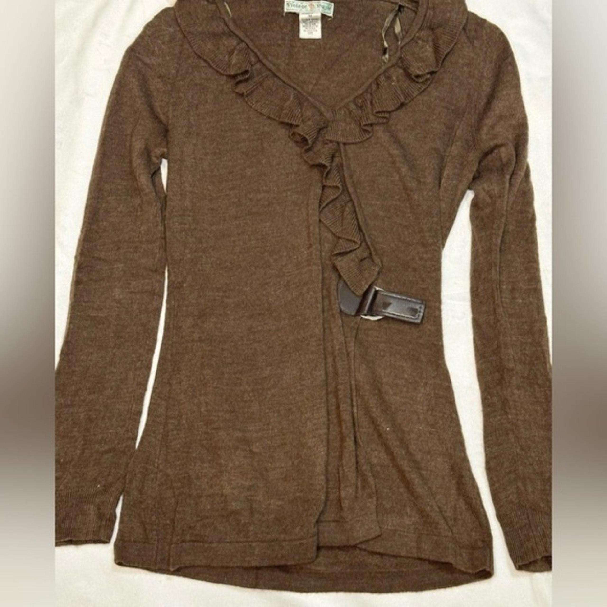 Vintage Suzie Sweater Pullover Ruffle V Neck Brown Buckle Waist Detail Size M