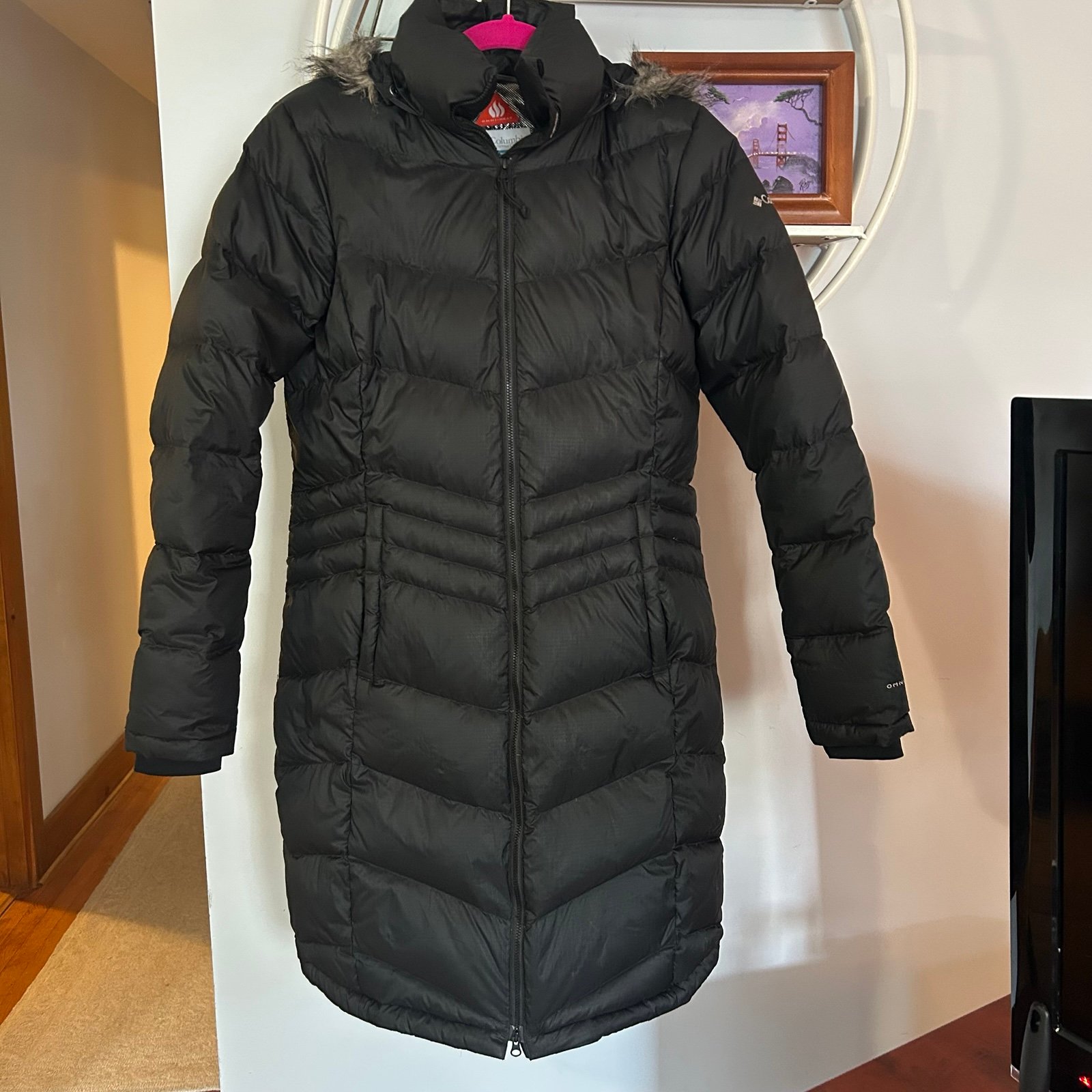 Colombia Women’s Small S Black Long Puffer Fur Hooded Omni heat Jacket Coat