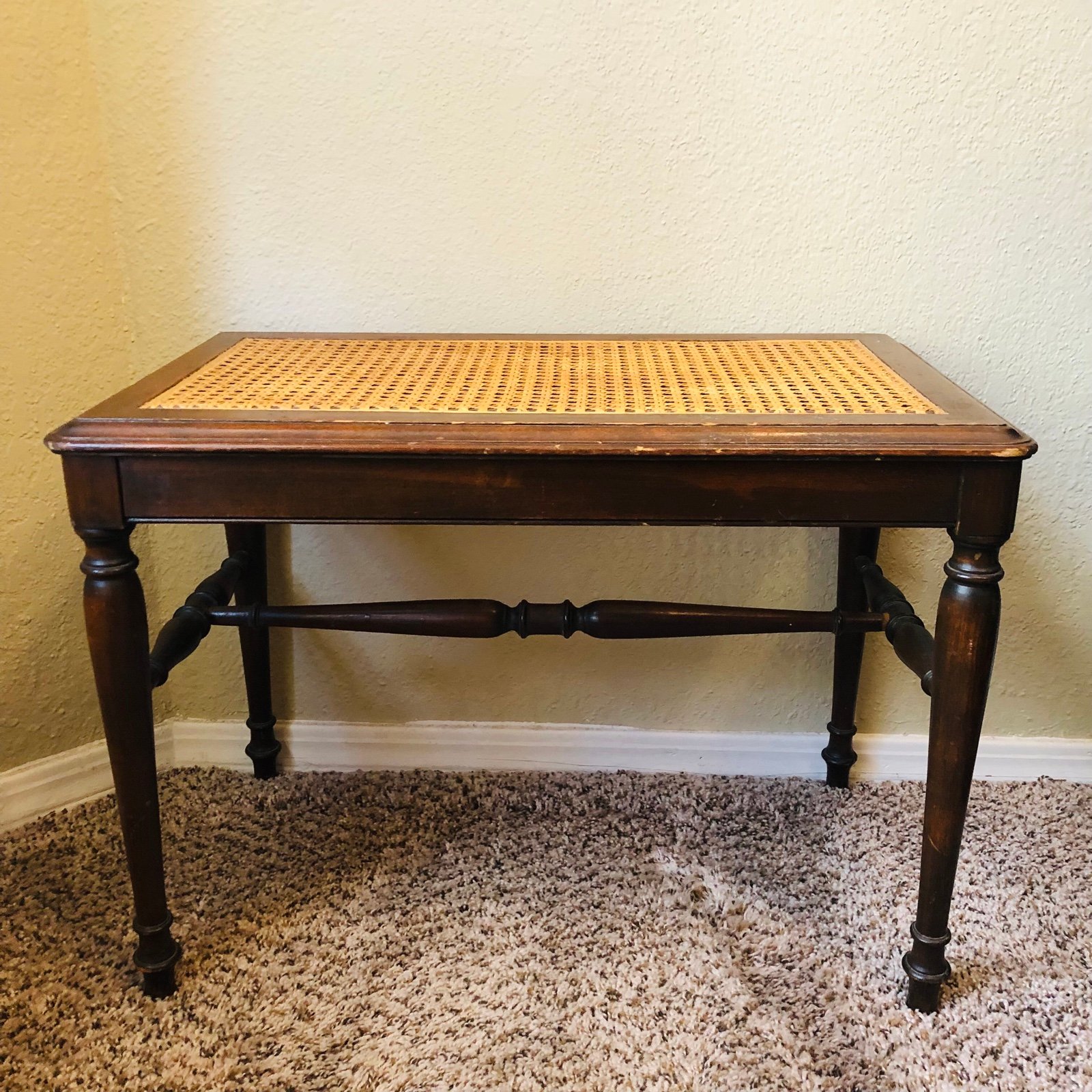 Vintage Rattan Cane Dark Wood Small Piano Bench Rustic Country Boho Chic 70s