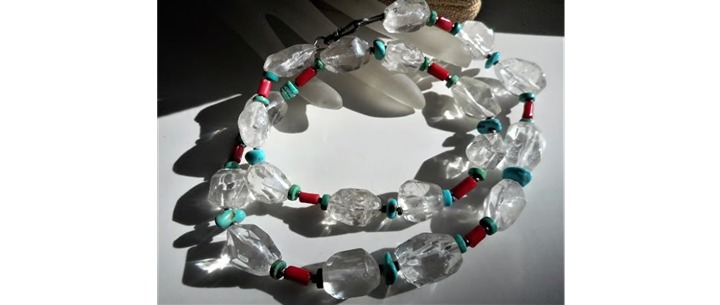 Vintage Chunky Natural Rock Crystal Quartz Turquoise Jade 925 Silver Necklace