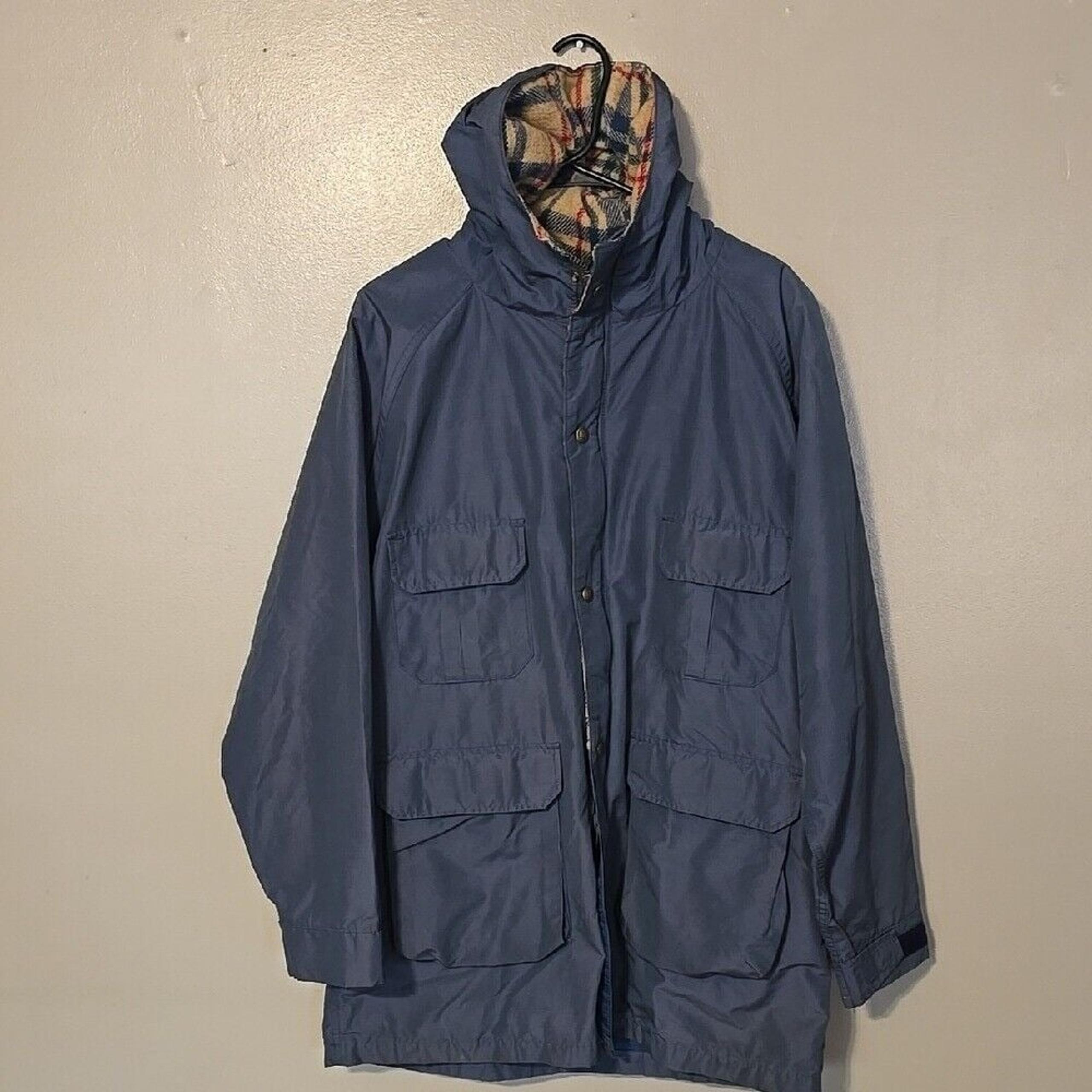 Lands End Men's Vintage 90's Flannel Lined Blue Nylon Parka Utility Jacket Sz L