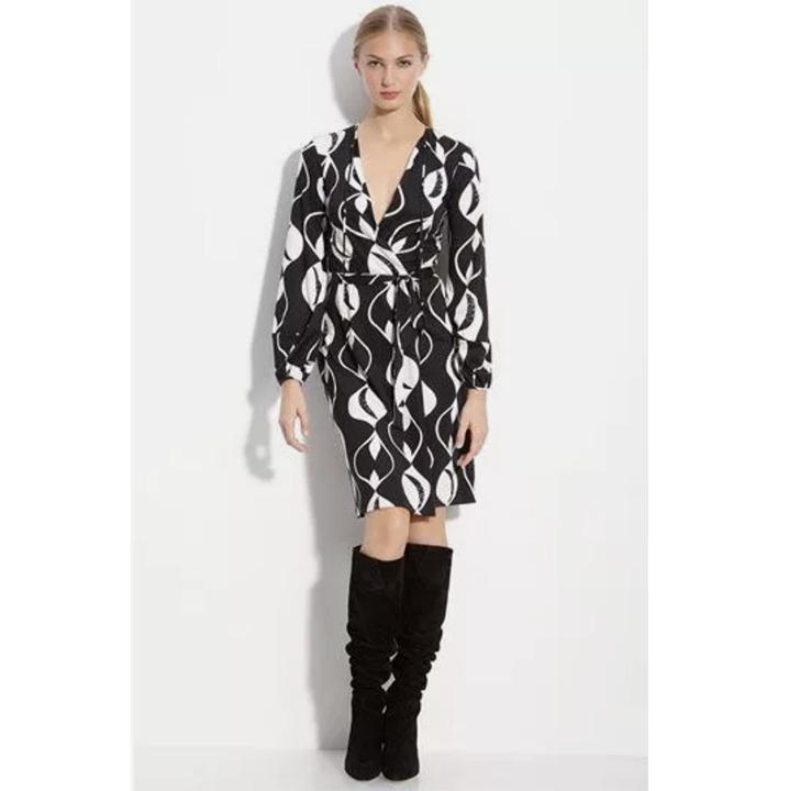 Diane Von Furstenburg Womens Nove Wrap Silk Jersey Dress 8 Long Sleeve Neck Ties