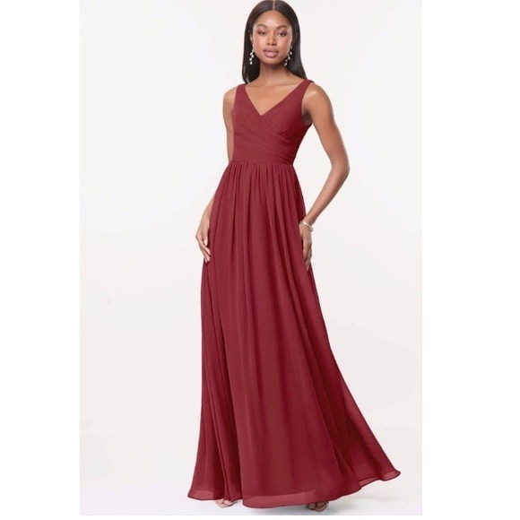 Azazie Keyla Flowy V-Neck Pleated A-Line Chiffon Maxi Dress Burgundy Red 6