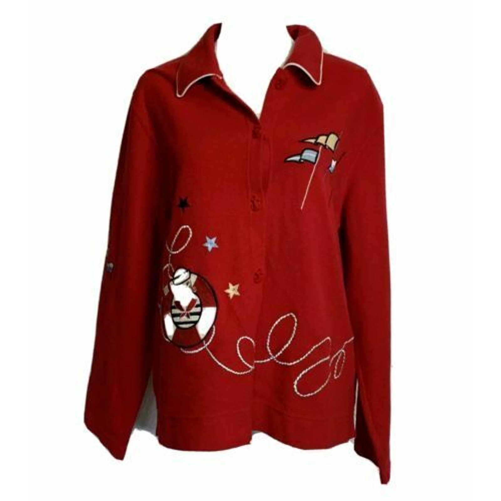 Vtg Onque casuals embroidered Red Sailor Themed Print Button Up collared sz XL