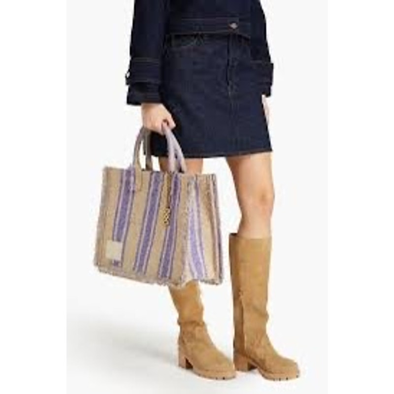 SANDRO Beige Purple Striped Magnetic Closure Open Pockets Kasbah Tote Bag