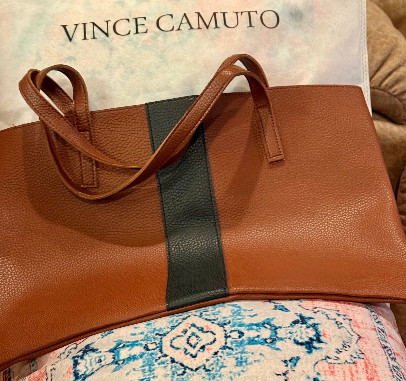 Vince Camuto Pebble Tote Purse Vegan Leather- Brown w/ Black Strip New & Pretty