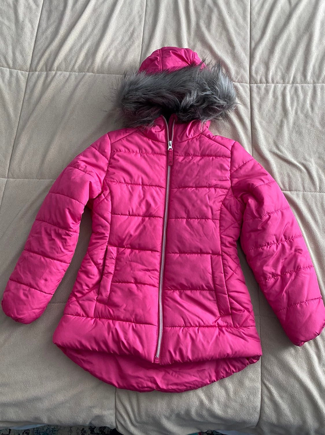 Girls Pink RM Mrosemont Winter Puffer Hooded Jacket with Faux-Fur Size 7/8