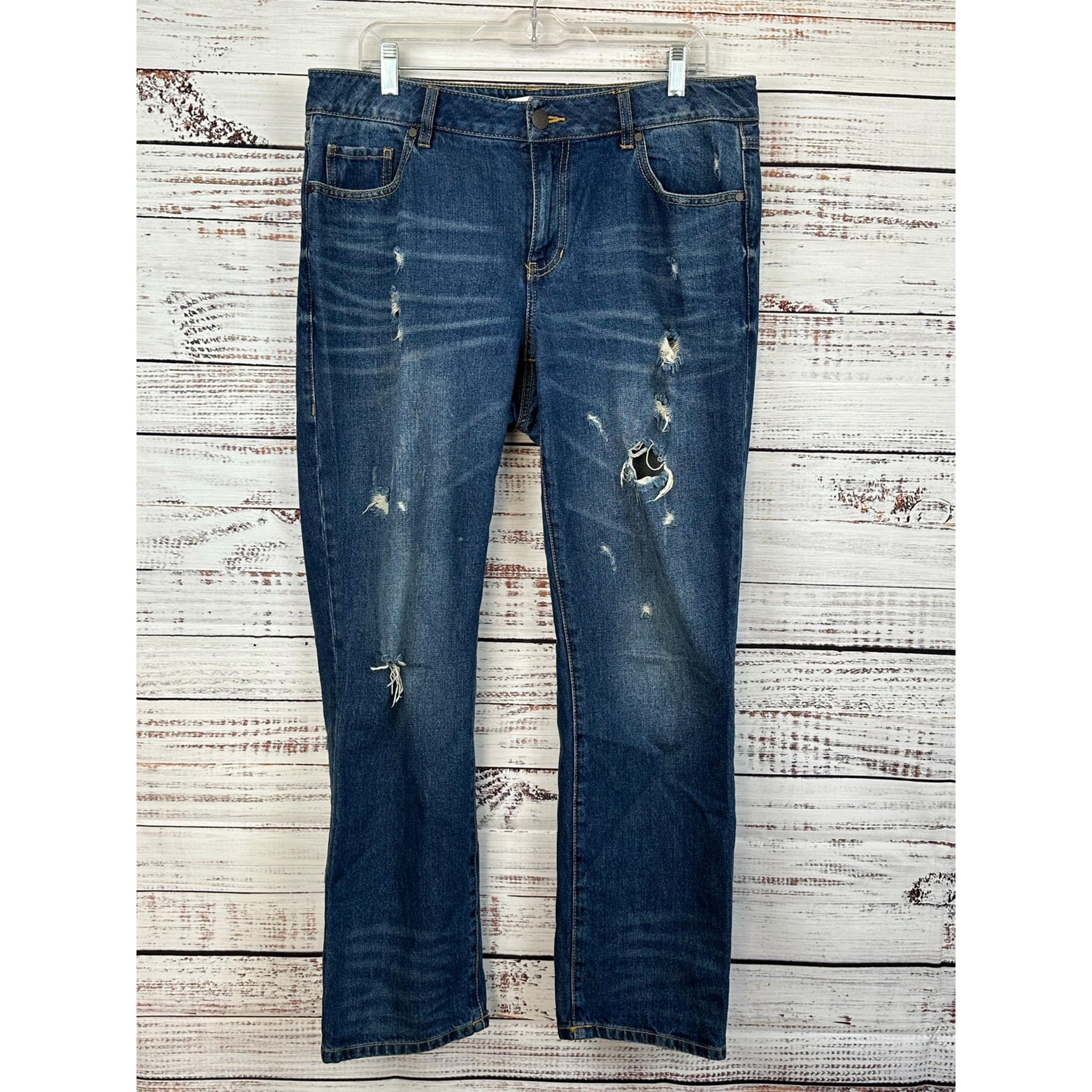 Women's CABI Dark Wash Denim Jeans Disressed 100% Boyfriend Casual Size 10