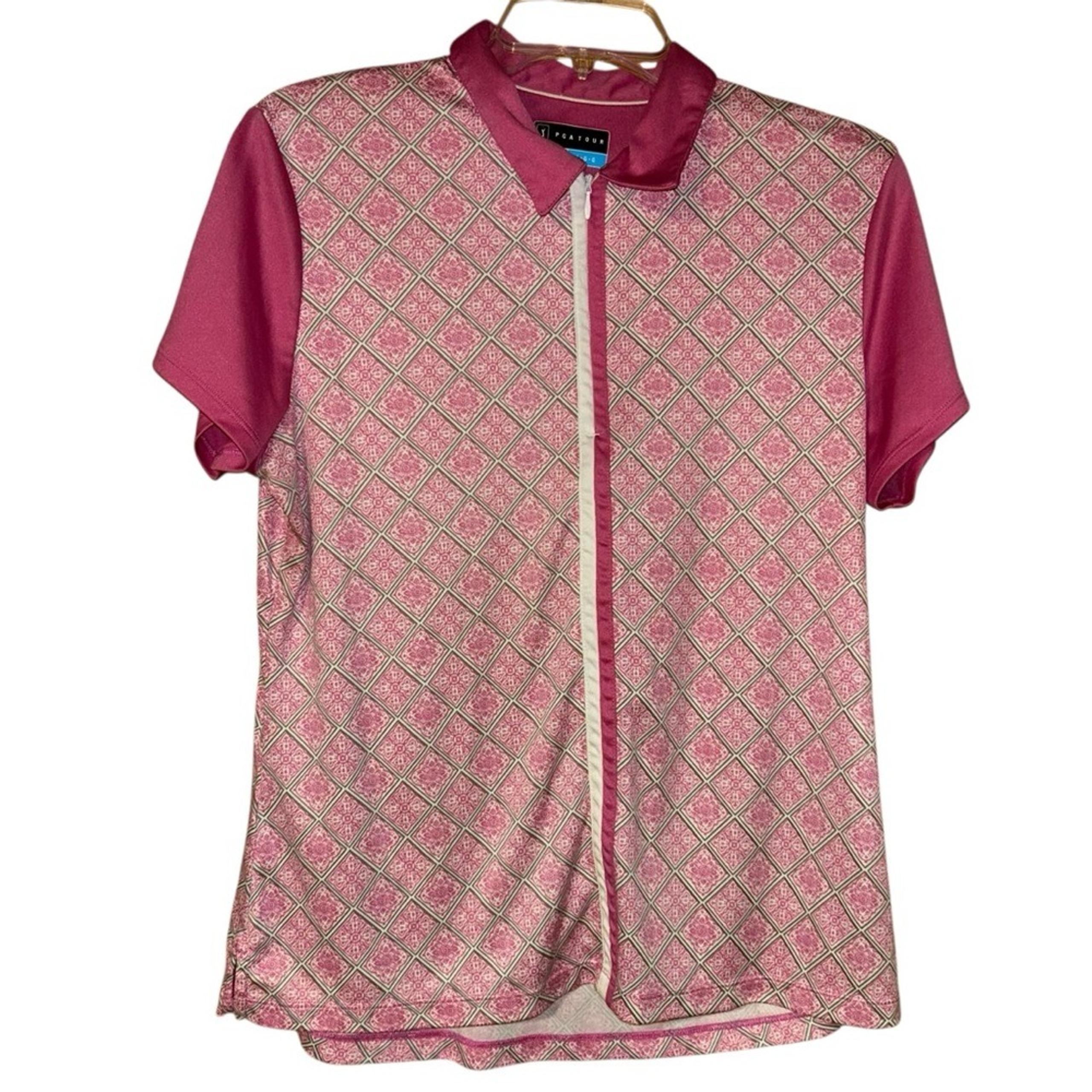 PGA Tour Women's Zip Polo Shirt Golf Active Pink White Geometric Size Large