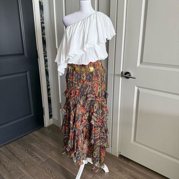 Vintage Y2K DKNY Boho Paisley Print Silk Ruffle Maxi Skirt Size S
