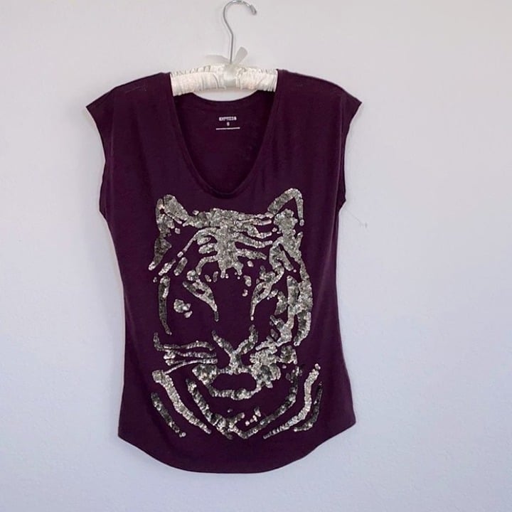 Express Purple XS Gold Sequin Sleeve Tee Shirt