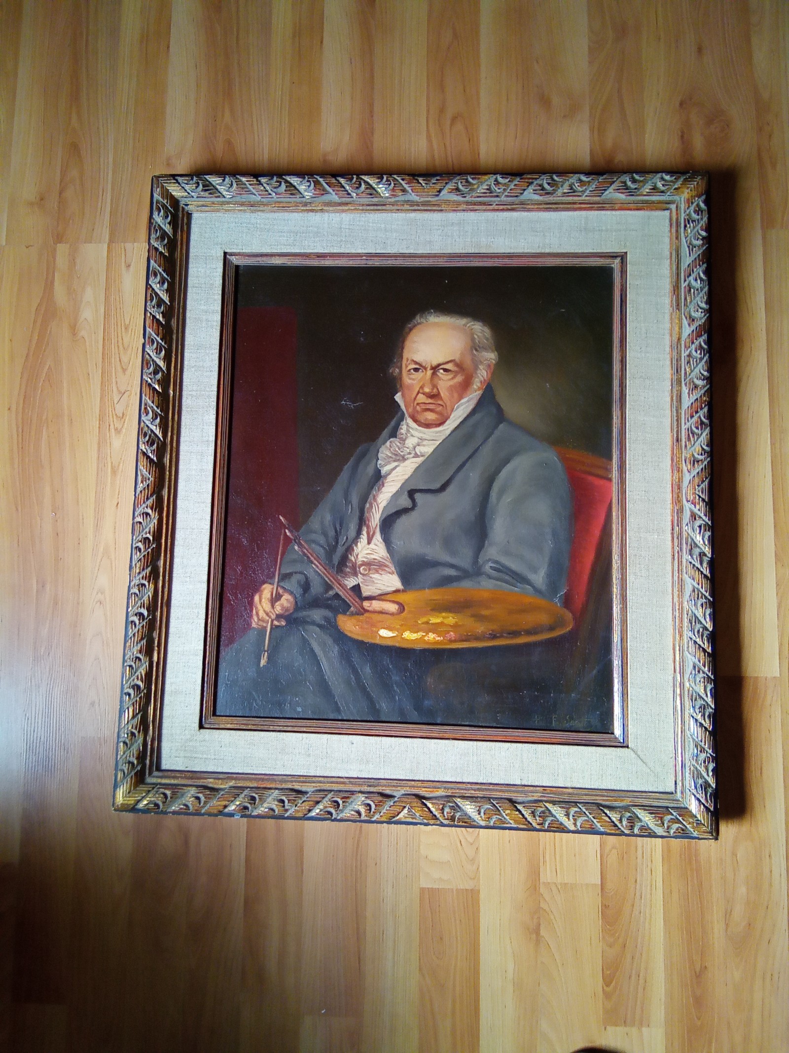 FERMIN SANTOS RARE PAINTING OIL ON CAVAS PORTRAIT OF FRANCISCO GOYA 28 X 25