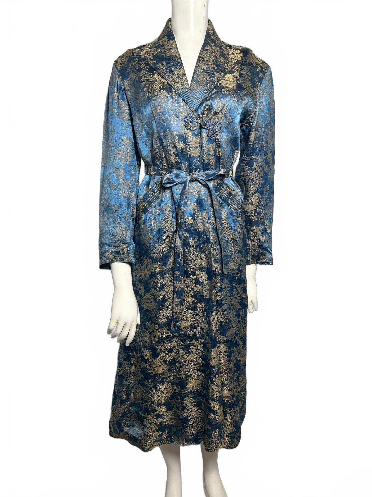 Vintage 1940s Blue & Gold Brocade Chinese Village Scene Luxury Lounge Robe
