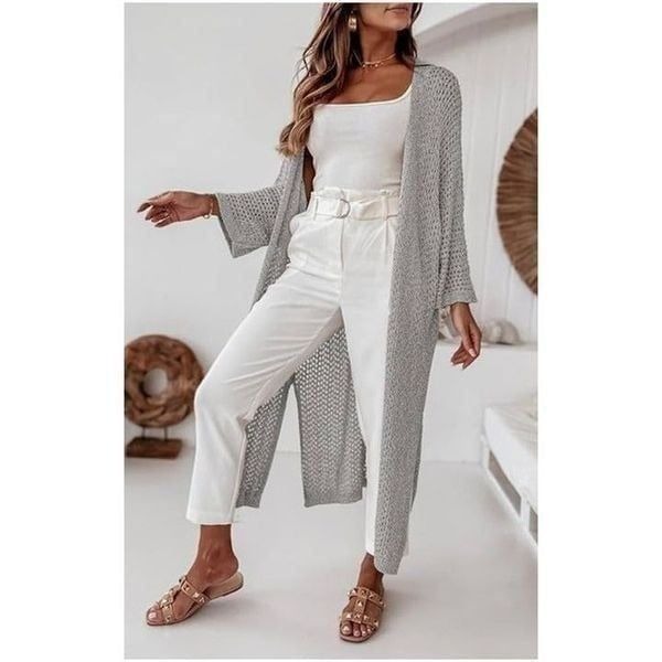 Grey Open Front Lightweight Knit Long Sweater Cardigan