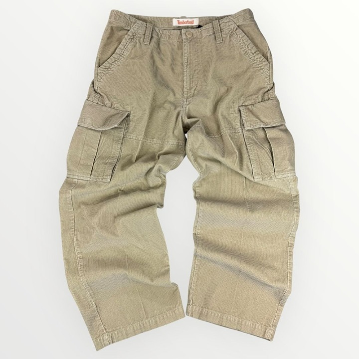 Vintage Timberland Mens Baggy Corduroy Cargo Pants Tan Y2K Skater Loose Fit