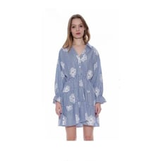 Gracia Floral Embroidered Stripped Ruffle Hem Mini Dress Blue White Sz. M