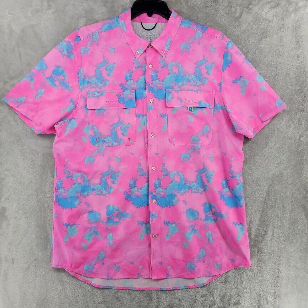 Chubbies Mens Large Friday BreezeTech Short Sleeve Performance Shirt Pink Tiedye