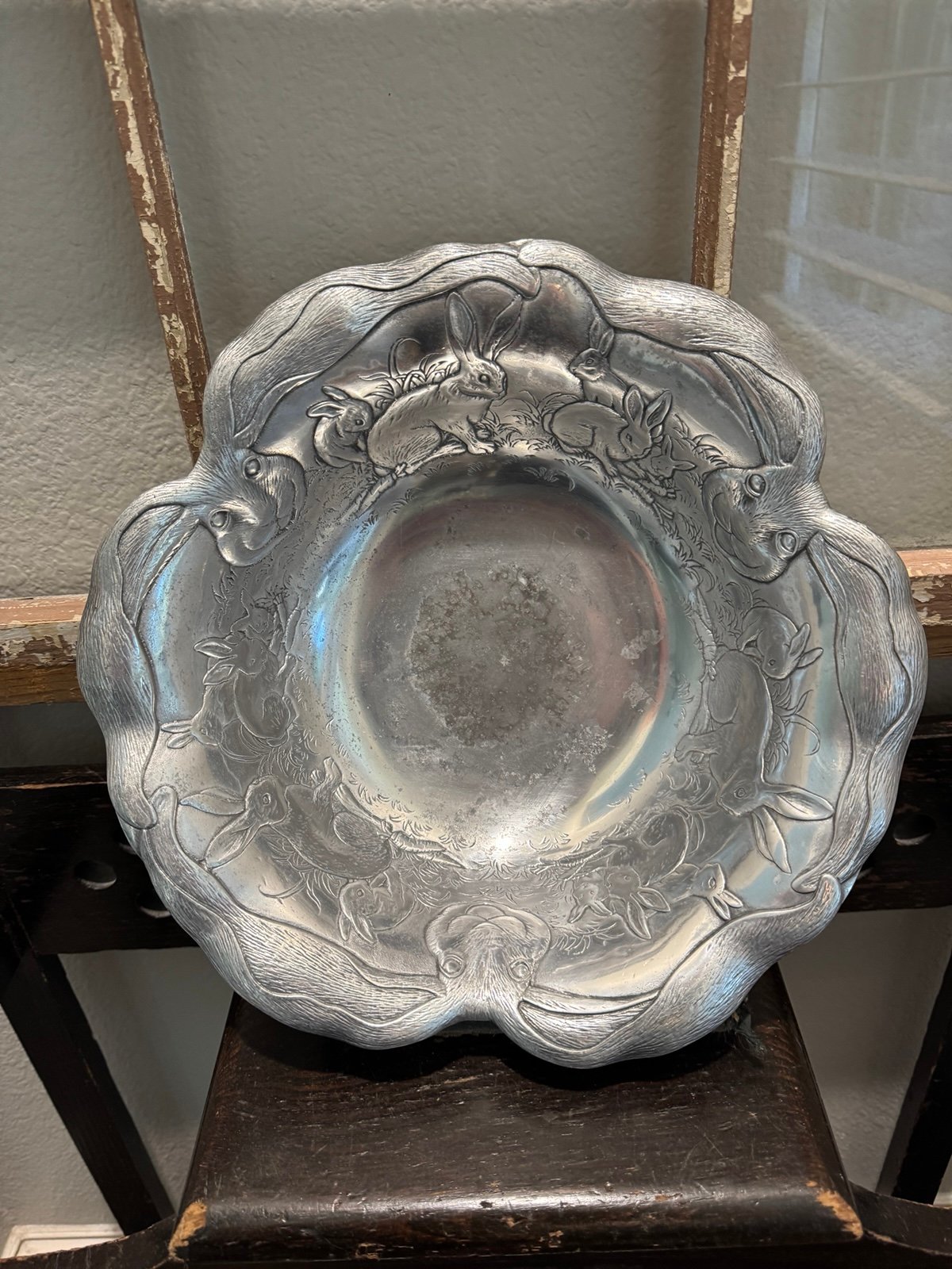 Vintage 1989 ARTHUR COURT Aluminum Bunny Rabbit Cabbage LG BOWL