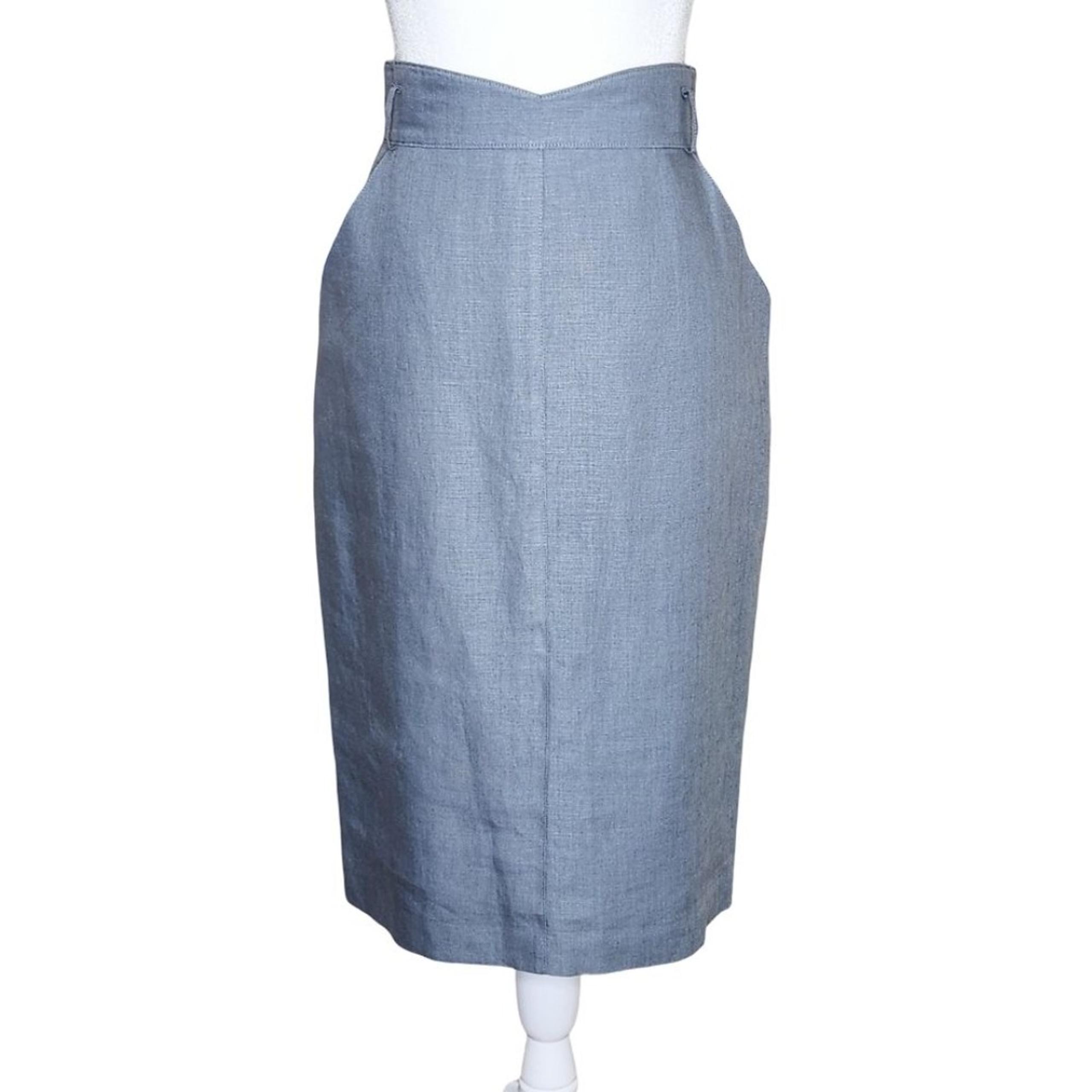 Vintage Escada by Margaretha Ley 80s Blue Linen Pencil Skirt Women's Size 40/10