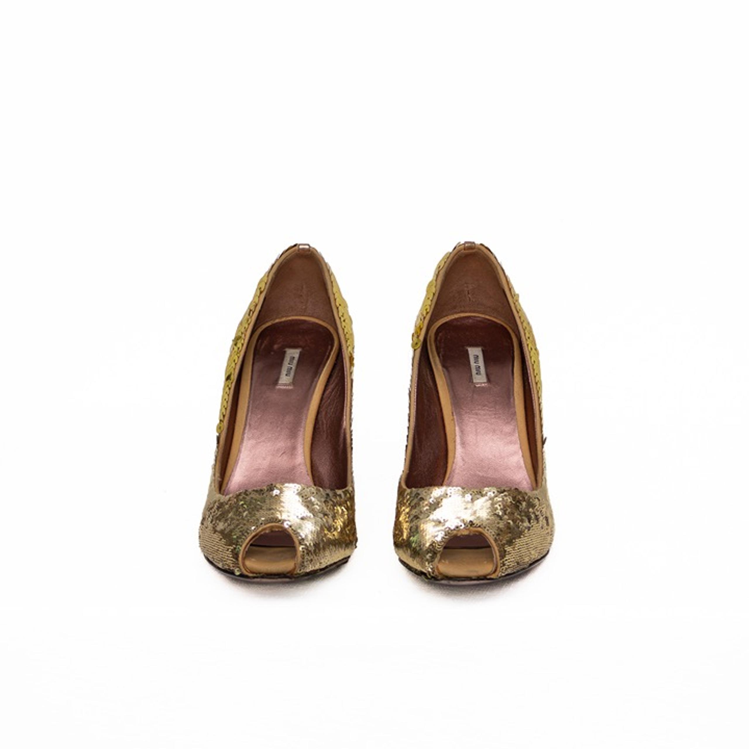 MIU MIU Gold Sequin Peep-Toe High Heel Pumps – Size 36 – Women’s (US 6 / UK 3.5