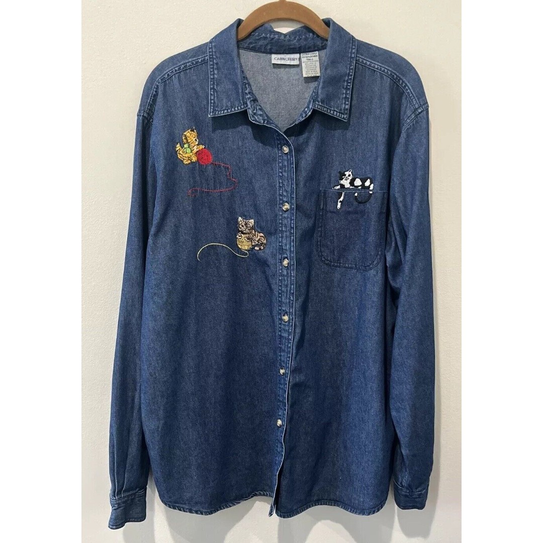 Vintage Cat Lady Shirt Women’s XL Tall Embroidered Denim Cabin Creek Button 90s