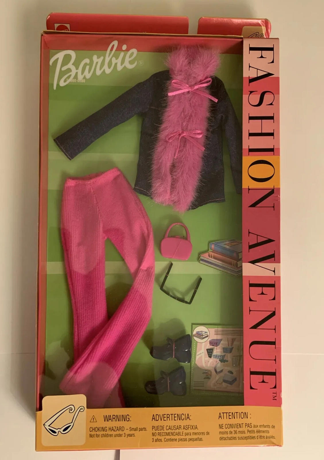 Mattel 25701 Barbie 2002 Fashion Avenue Pink Blue Fur Coat Jean Accessories NIB