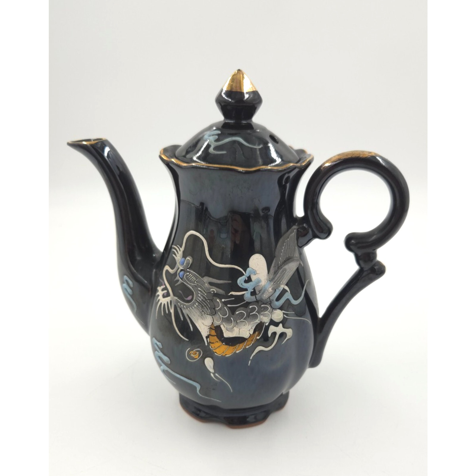 VTG DRAGONWARE Moriage Blue Eyed HAND PAINTED Teapot & Lid JAPAN 8 TALL