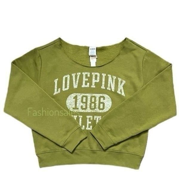 Victorias Secret Pink Everyday Cropped Fleece Off the Shoulder sweatshirt olive