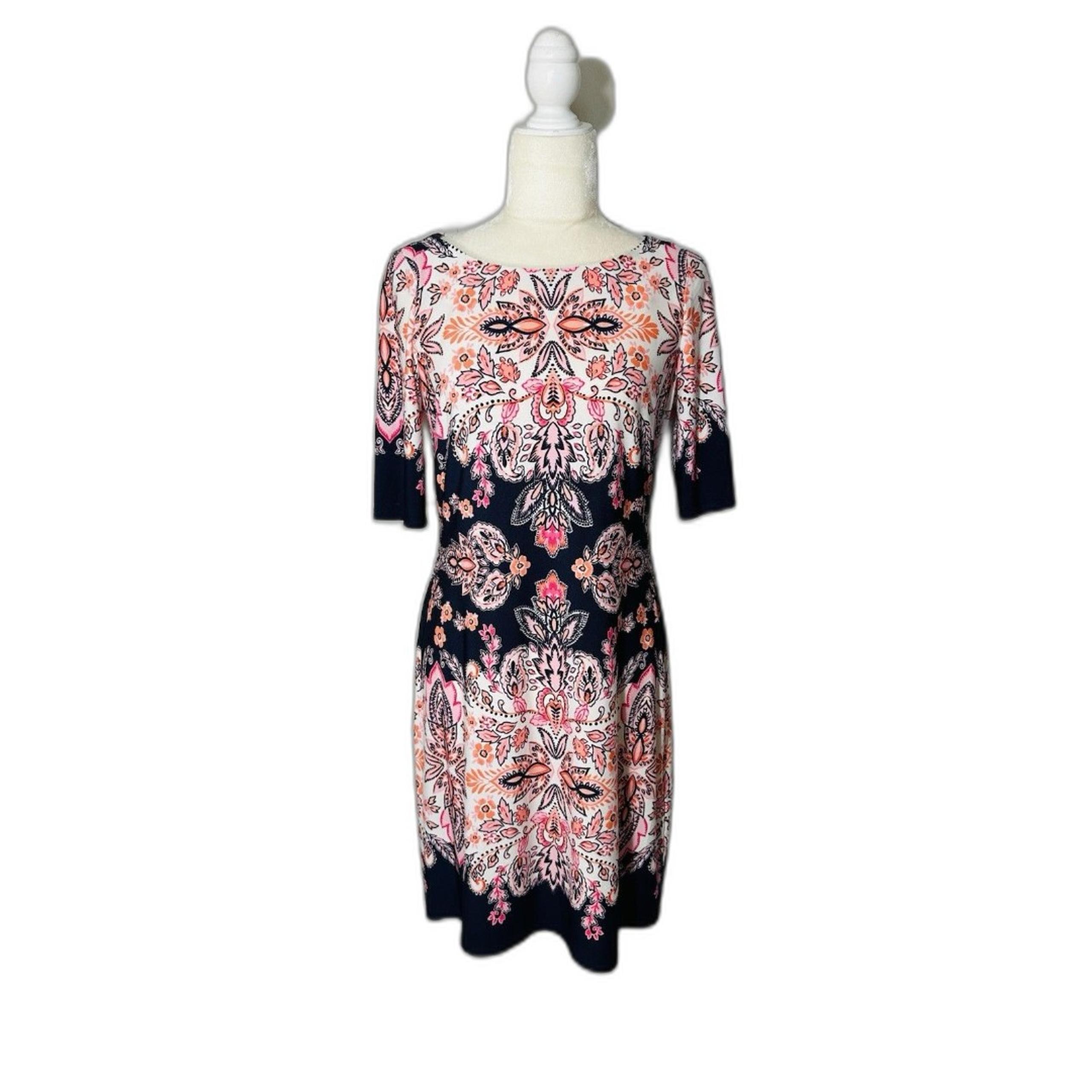 Eliza J Womens Print Floral Paisley V Neck Sheath Dress Size 6 Pink Blue Sleeve