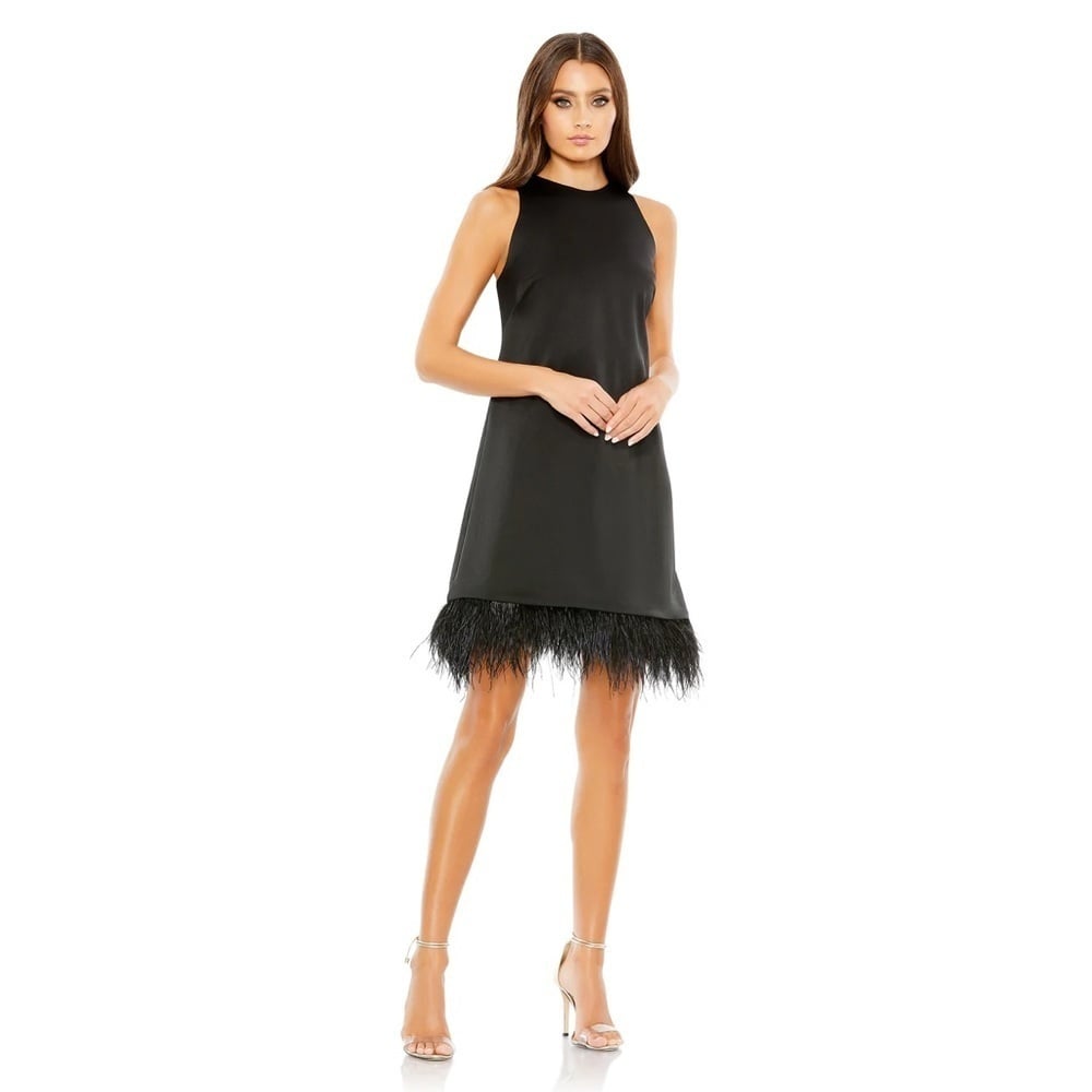 Size 6 Mac Duggal 55805 NWT FEATHERED HEM HIGH NECK SLEEVELESS A LINE DRESS