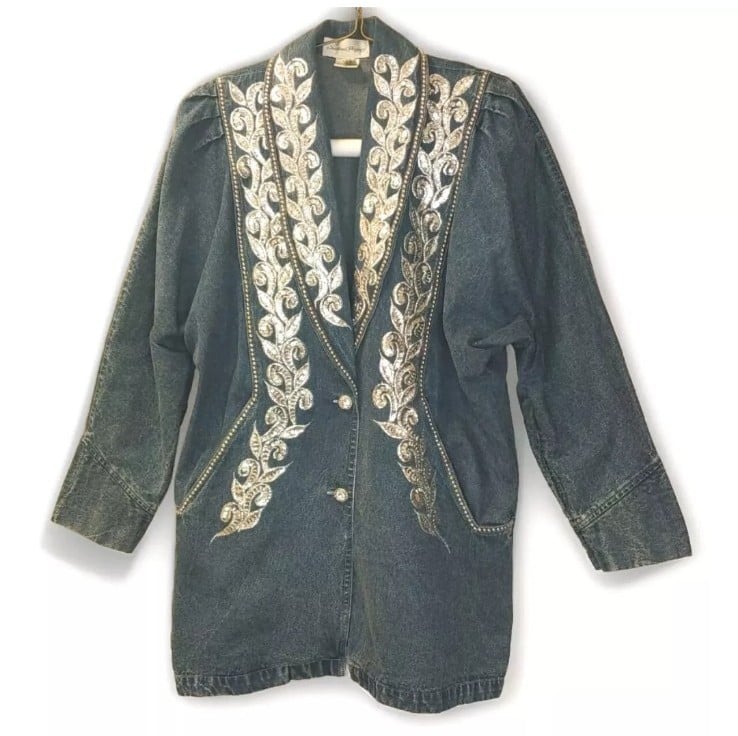 Southwest Pizzazz Rockabilly 80s Blazer Jean Jacket Woman L Sequin Studded Denim