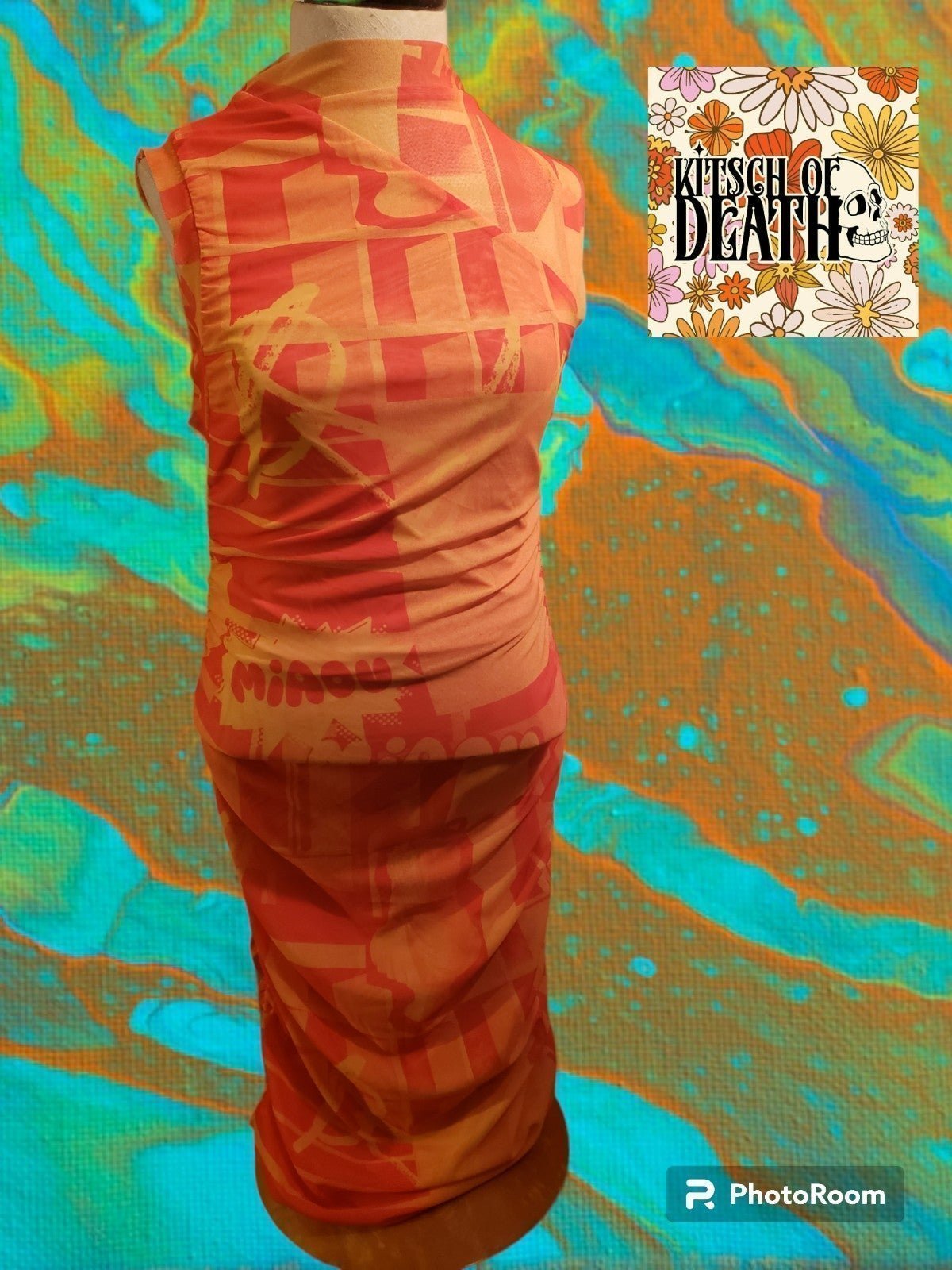 Miaou Sofia Dress Stone Orange Pop Art Comic Statue Club Mesh Bodycon M