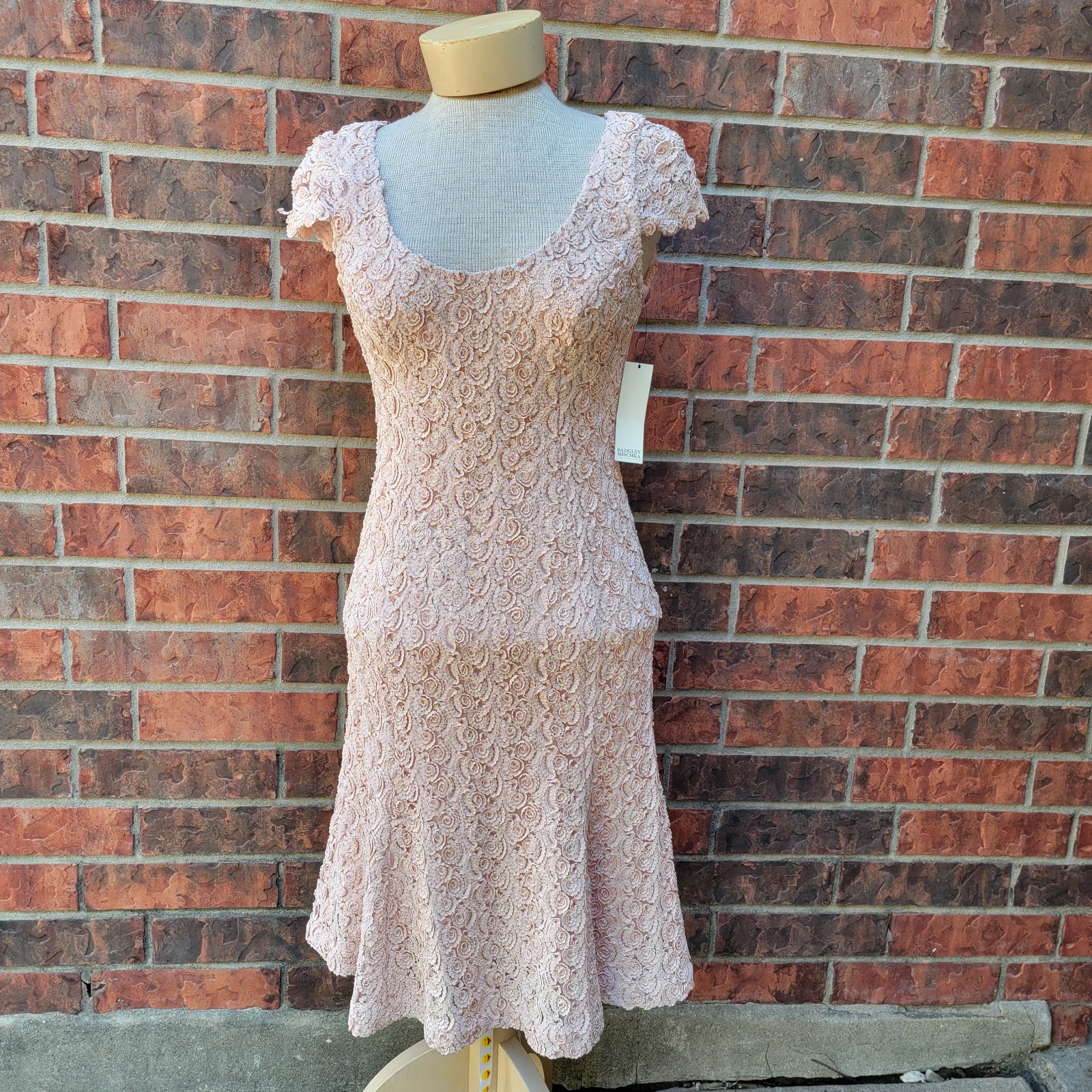 Badgley Mischka Womens Blush Lace V-Neck Long Sleeve Shift Dress Size 0,