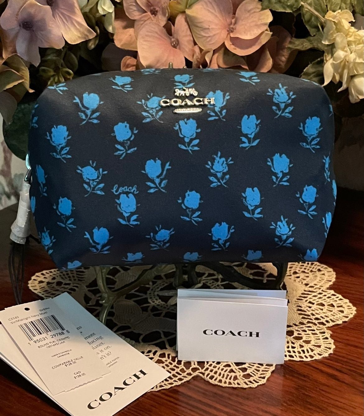 Coach Small Boxy Cosmetic Case; Midnight Navy Blue W/Badland Floral Print; NWT