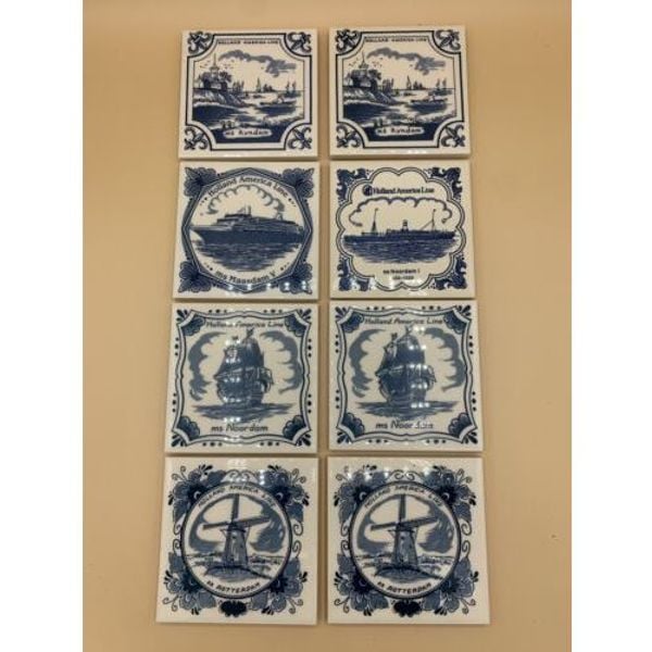 8 Vintage Holland American Line Porcelain Coasters Delft Blue Tile Cruise Ship