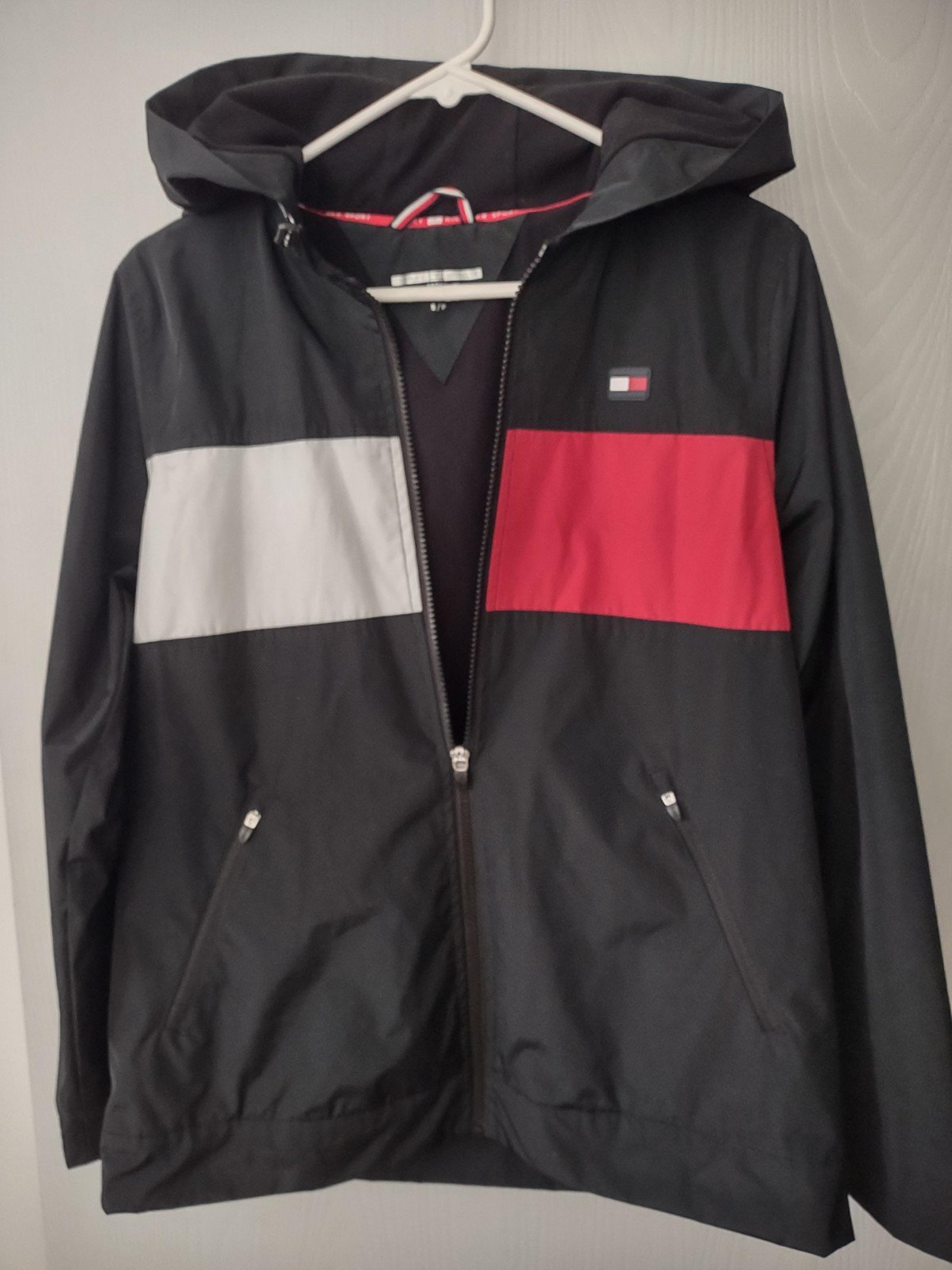 Tommy Hilfiger Sport Fleece Lined Rain Jacket Black With Back Logo Size Small