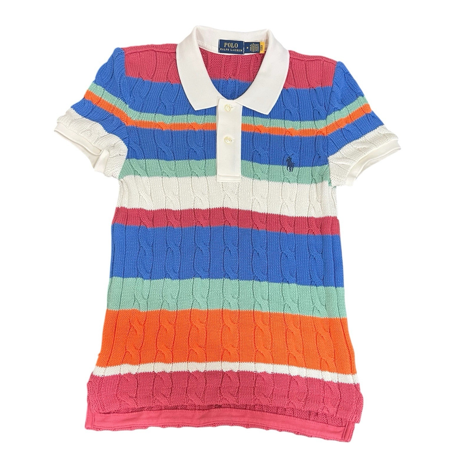 Polo Ralph Lauren Women's Cable Knit Polo Shirt Multicolor Stripe Size Medium