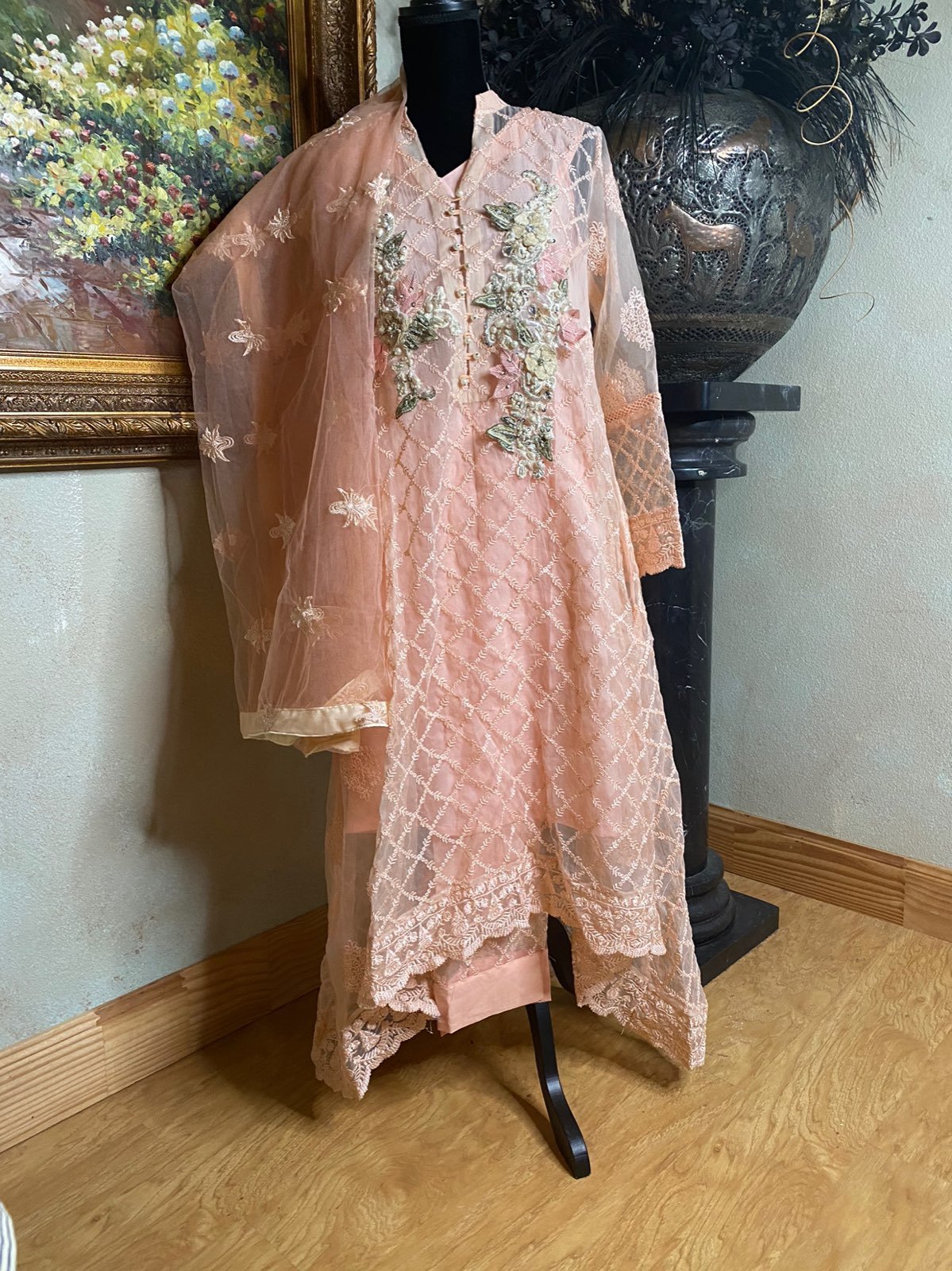 Blush pink high low dress with 3D flower