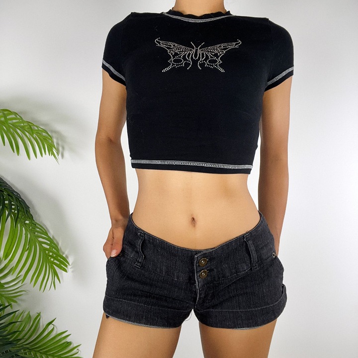 Vintage Y2K Black Denim Indie Grunge Summer Egirl 2000s Low Rise Shorts / 7