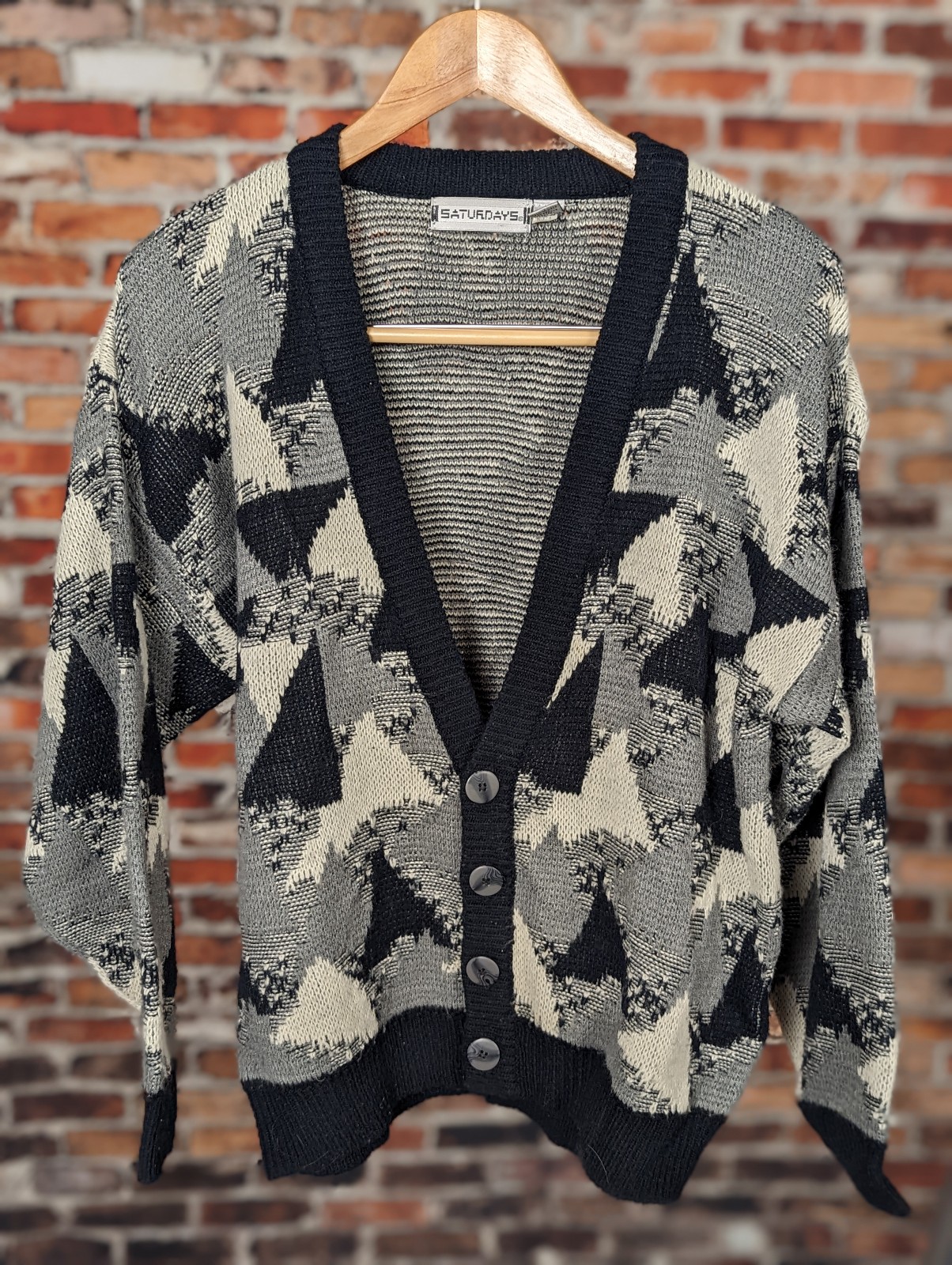Vintage 80s Chunky Cardigan Monochrome Sweater Medium 1989